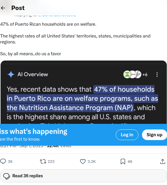 Screenshot of Joe Prich (@JustCallMeJoeP) on X posting about Puerto Rican households on welfare.